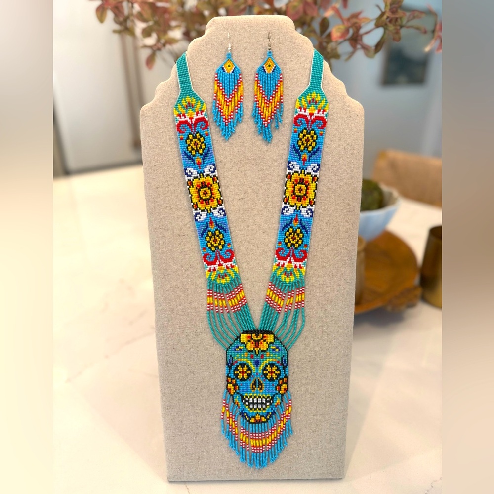 Colorful Day of the Dead Sugar Skull Seed Bead Necklace